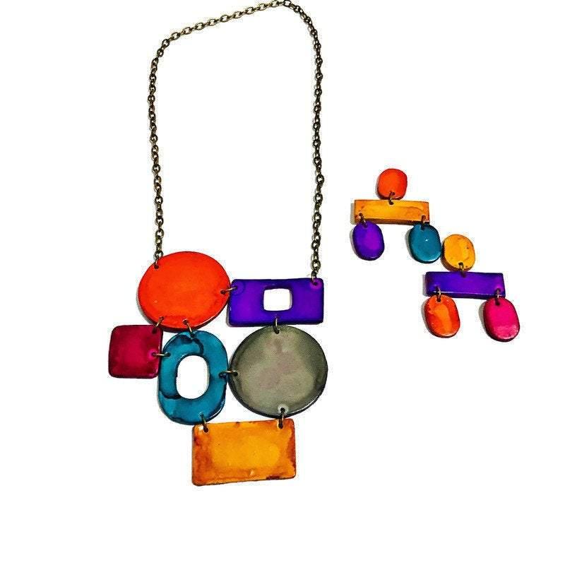 Colorful Geometric Bib Necklace & Statement Earrings - Velora Luxury Fashion