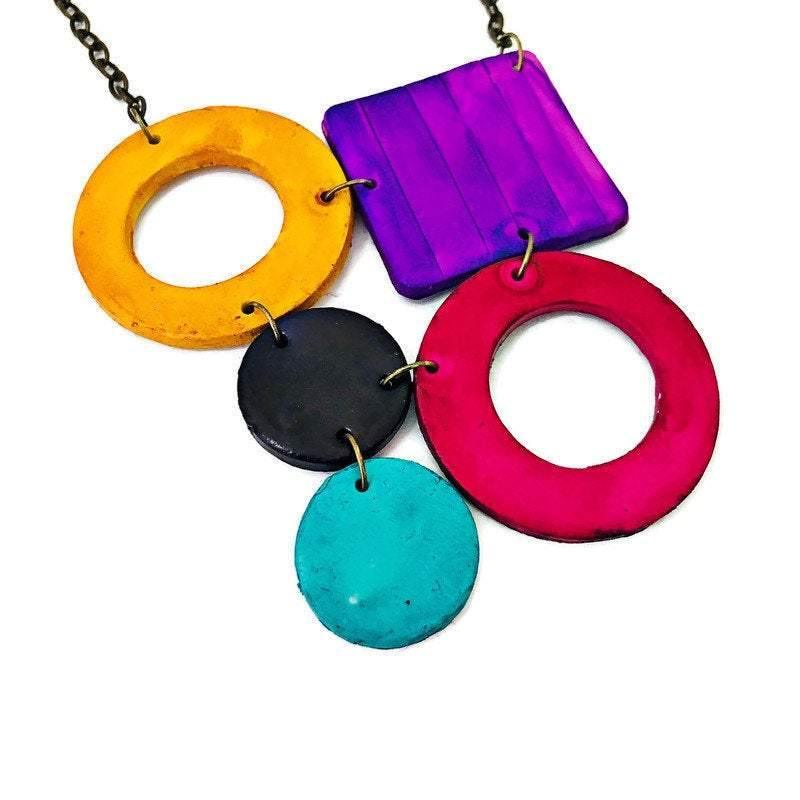 Colorful Geometric Necklace with Turquoise Hoop Earrings, Polymer Clay Jewelry Set Hand Painted - Velora Luxury Fashion