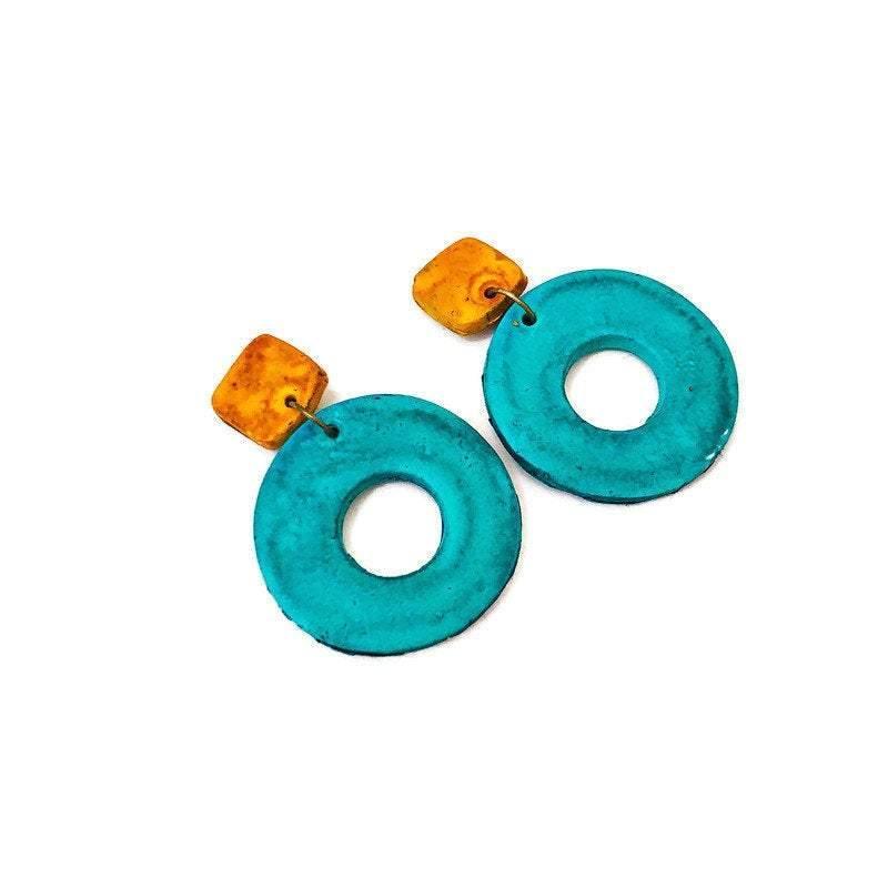 Colorful Geometric Necklace with Turquoise Hoop Earrings, Polymer Clay Jewelry Set Hand Painted - Velora Luxury Fashion