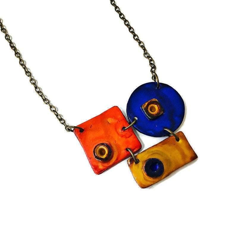 Colorful Geometric Pendant Necklace Handmade & Painted in Orange Blue Yellow - Velora Luxury Fashion