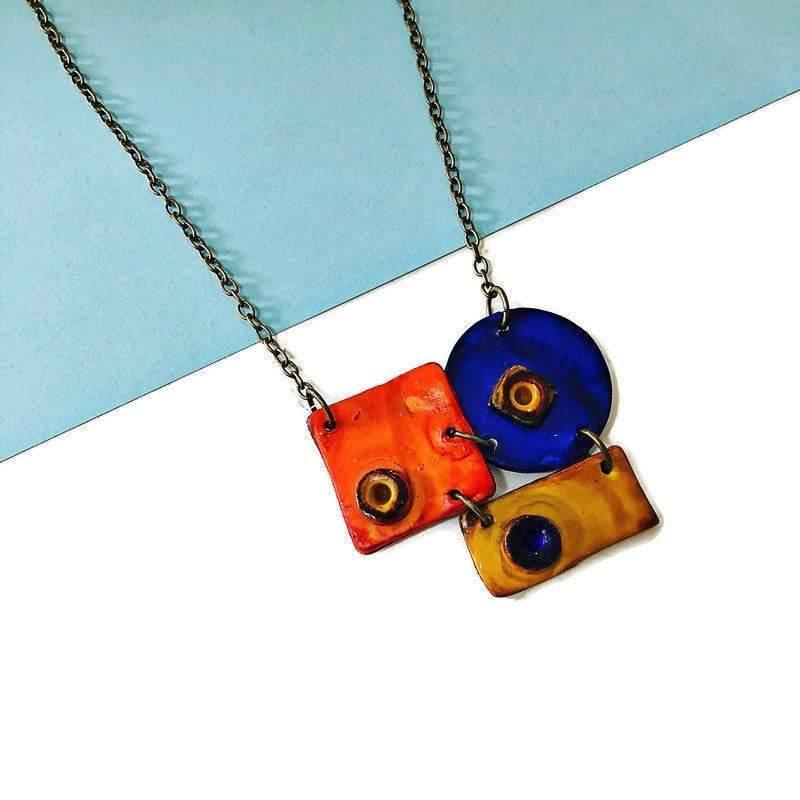 Colorful Geometric Pendant Necklace Handmade & Painted in Orange Blue Yellow - Velora Luxury Fashion