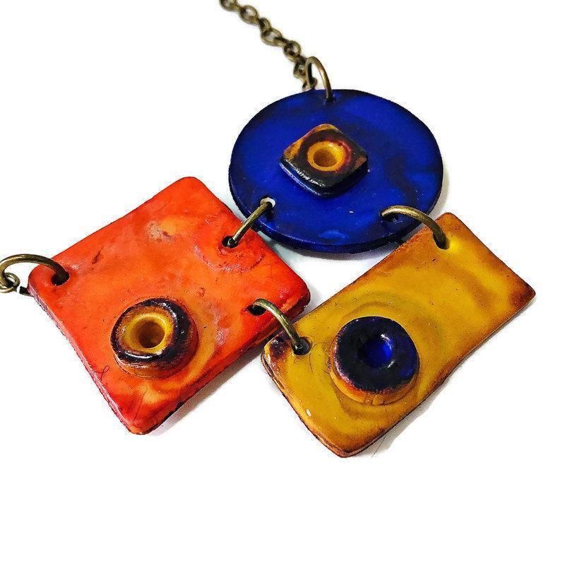 Colorful Geometric Pendant Necklace Handmade & Painted in Orange Blue Yellow - Velora Luxury Fashion