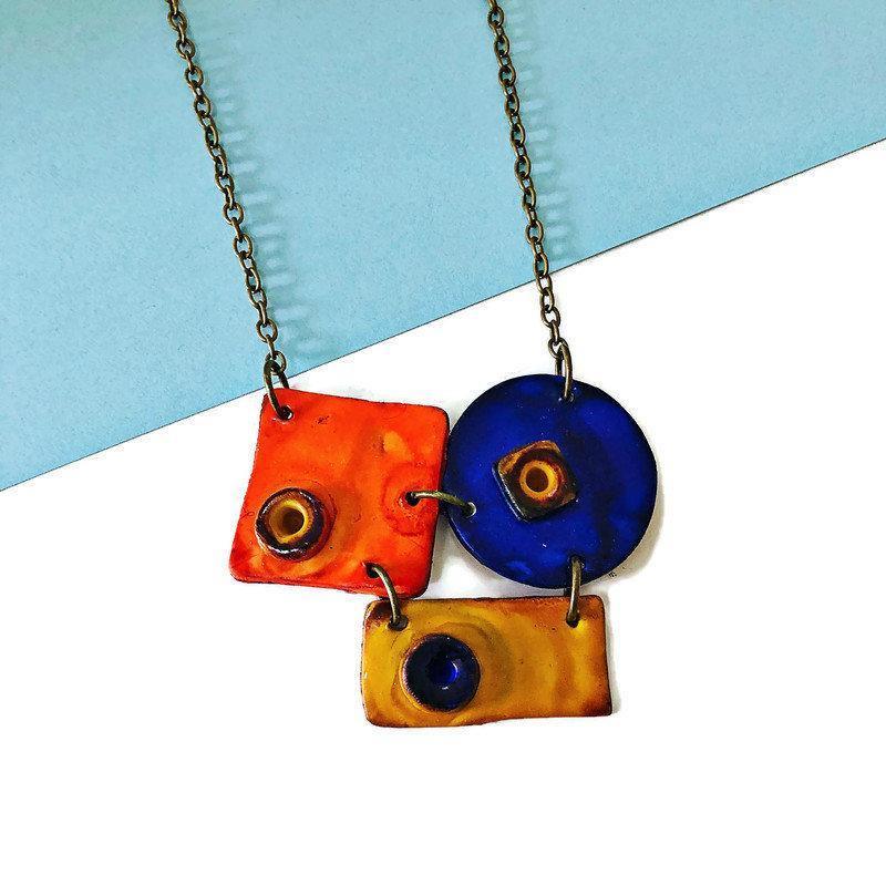 Colorful Geometric Pendant Necklace Handmade & Painted in Orange Blue Yellow - Velora Luxury Fashion