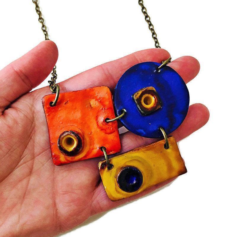 Colorful Geometric Pendant Necklace Handmade & Painted in Orange Blue Yellow - Velora Luxury Fashion