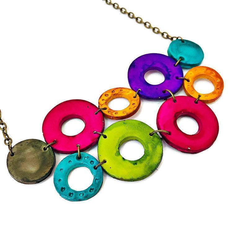 Colorful Linked Circle Statement Necklace Handmade from Clay & Hand Painted - Velora Luxury Fashion