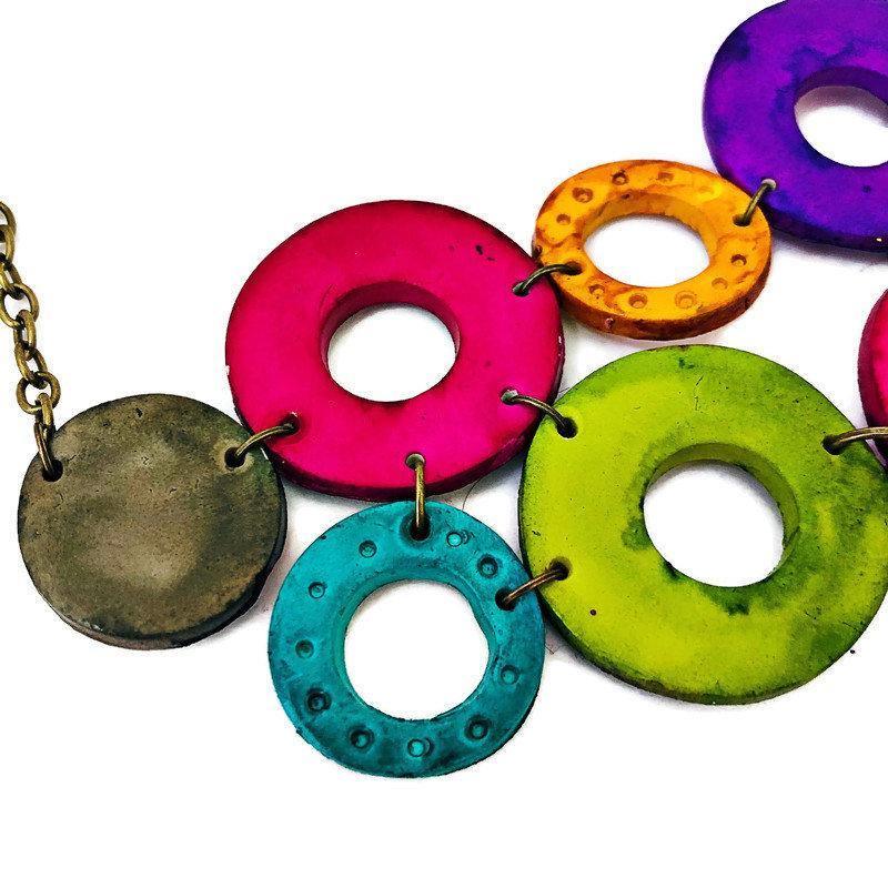 Colorful Linked Circle Statement Necklace Handmade from Clay & Hand Painted - Velora Luxury Fashion