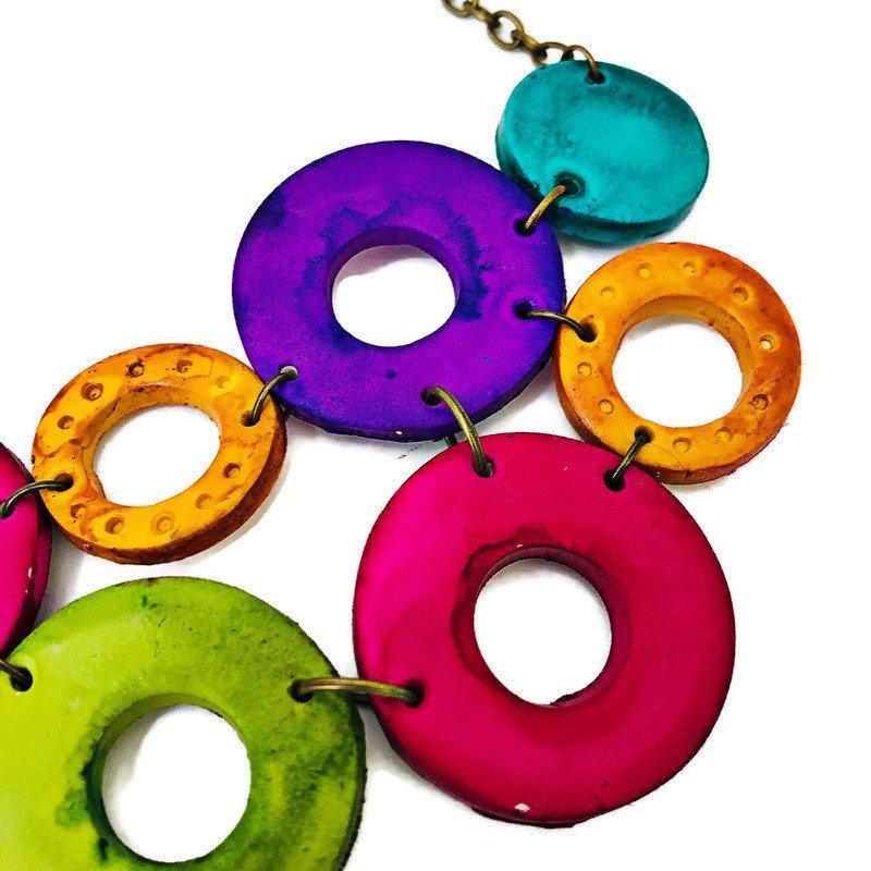 Colorful Linked Circle Statement Necklace Handmade from Clay & Hand Painted - Velora Luxury Fashion