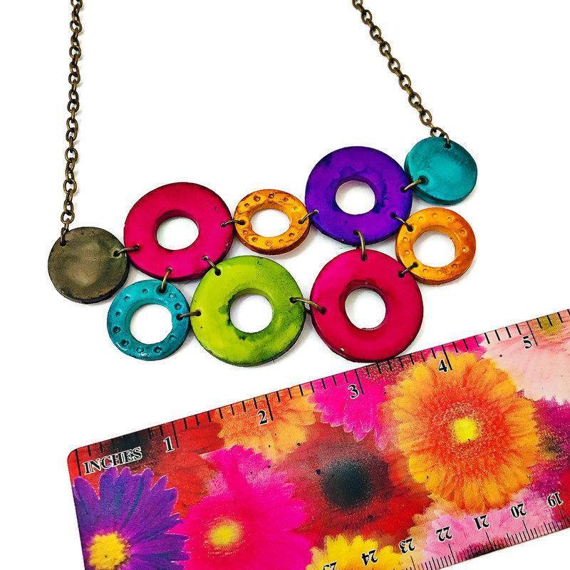 Colorful Linked Circle Statement Necklace Handmade from Clay & Hand Painted - Velora Luxury Fashion