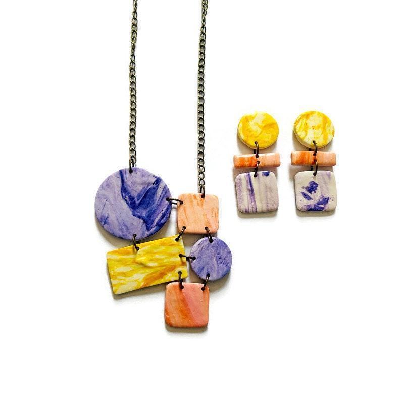 Pastel Jewelry Set with Geometric Necklace & Statement Earrings