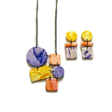 Pastel Jewelry Set with Geometric Necklace & Statement Earrings