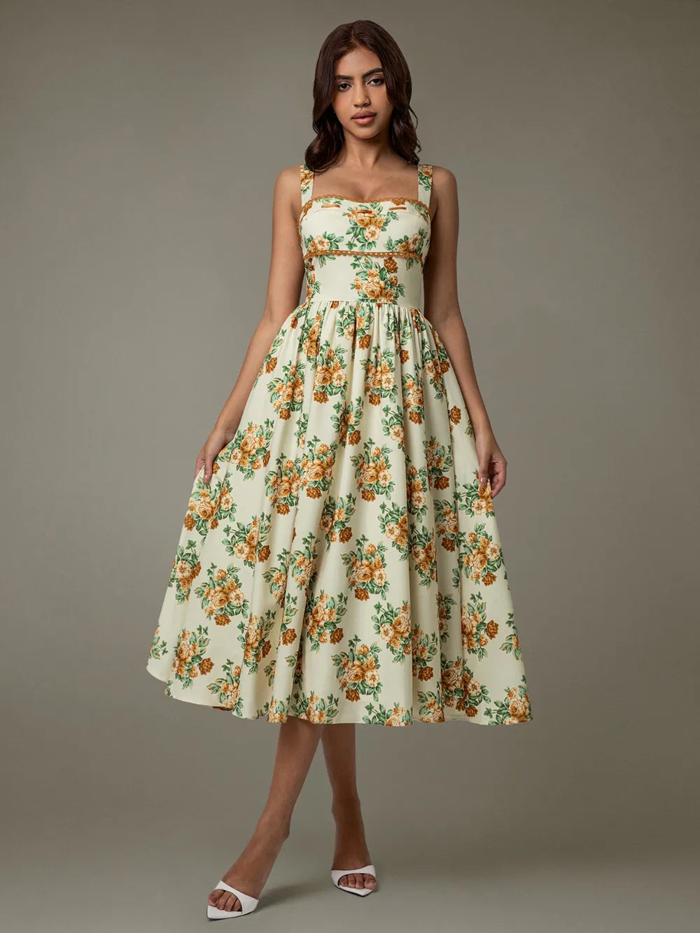 Lace Trim Floral Sleeveless Midi Dress - Velora