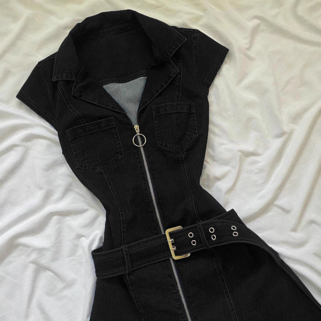 Women's Short Sleeve Bodycon Denim Mini Dress – Zip Front