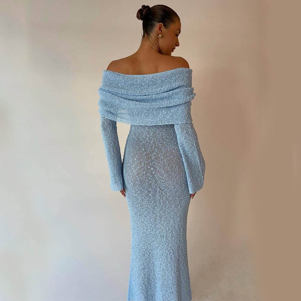 New One-shoulder Knitted Long-sleeved Dress Sexy Beach Holiday Long Dresses Womens Clothing - Velora