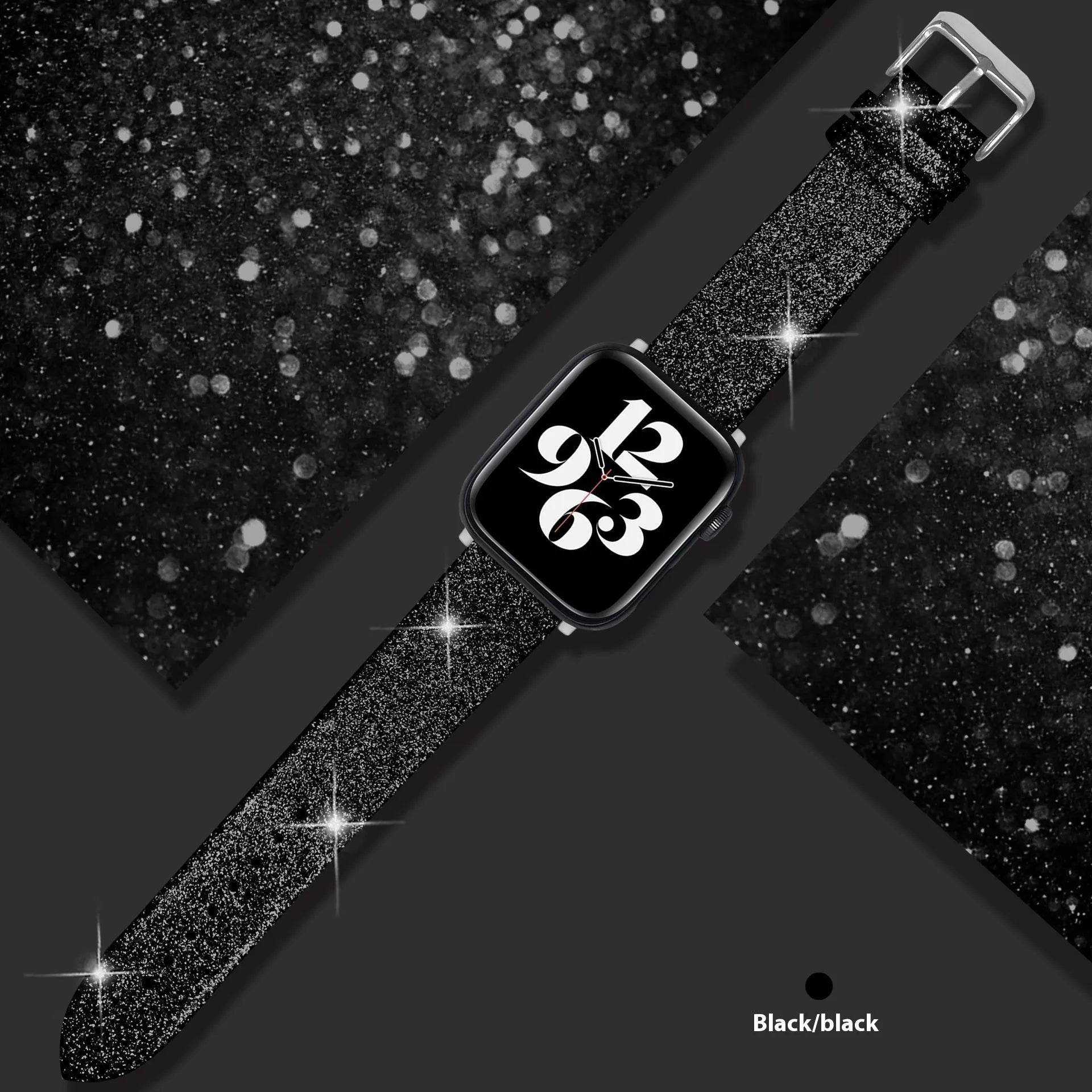 Leather Single Ring Glitter Buckle Couple Watch Strap Suitable for Apple Watch - Velora