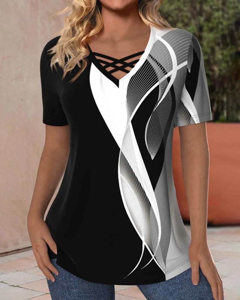 Fashion Printed V-neck Short-sleeved tunic Top For Women - Velora