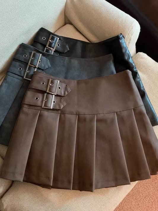 Women's American-style Vintage Mini Pleated Leather Skirt - Velora