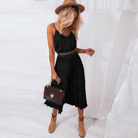 V-neck Pleated Mid Length Dress - Velora