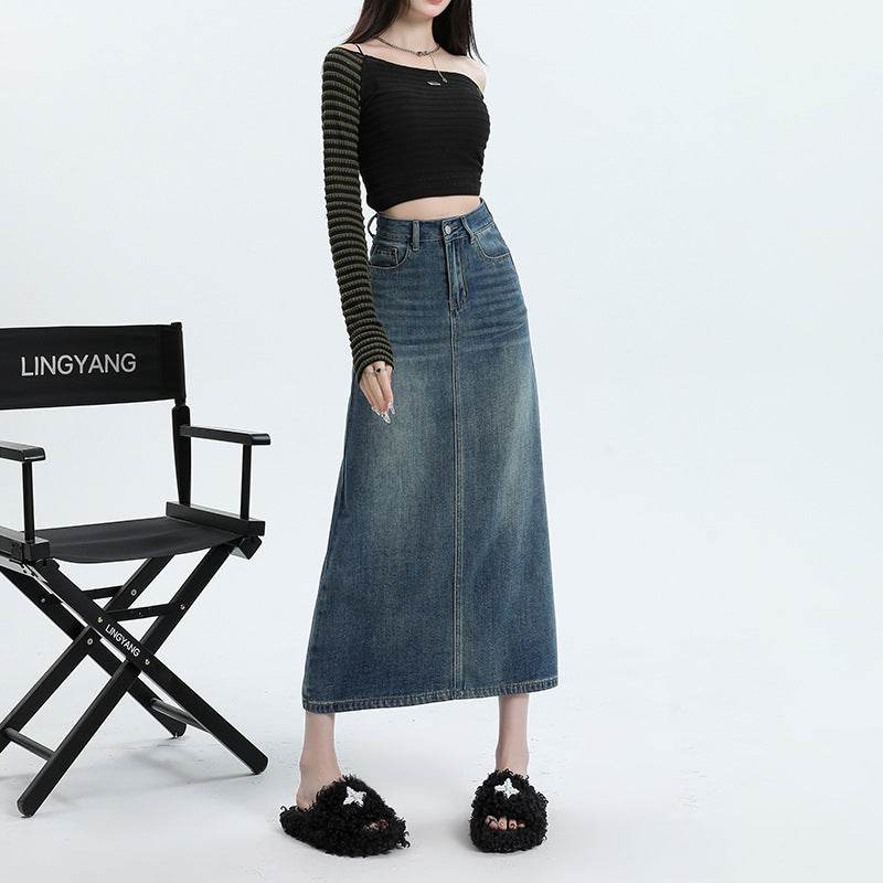 High Waisted Denim Skirt Long Cotton Solid Style - Velora