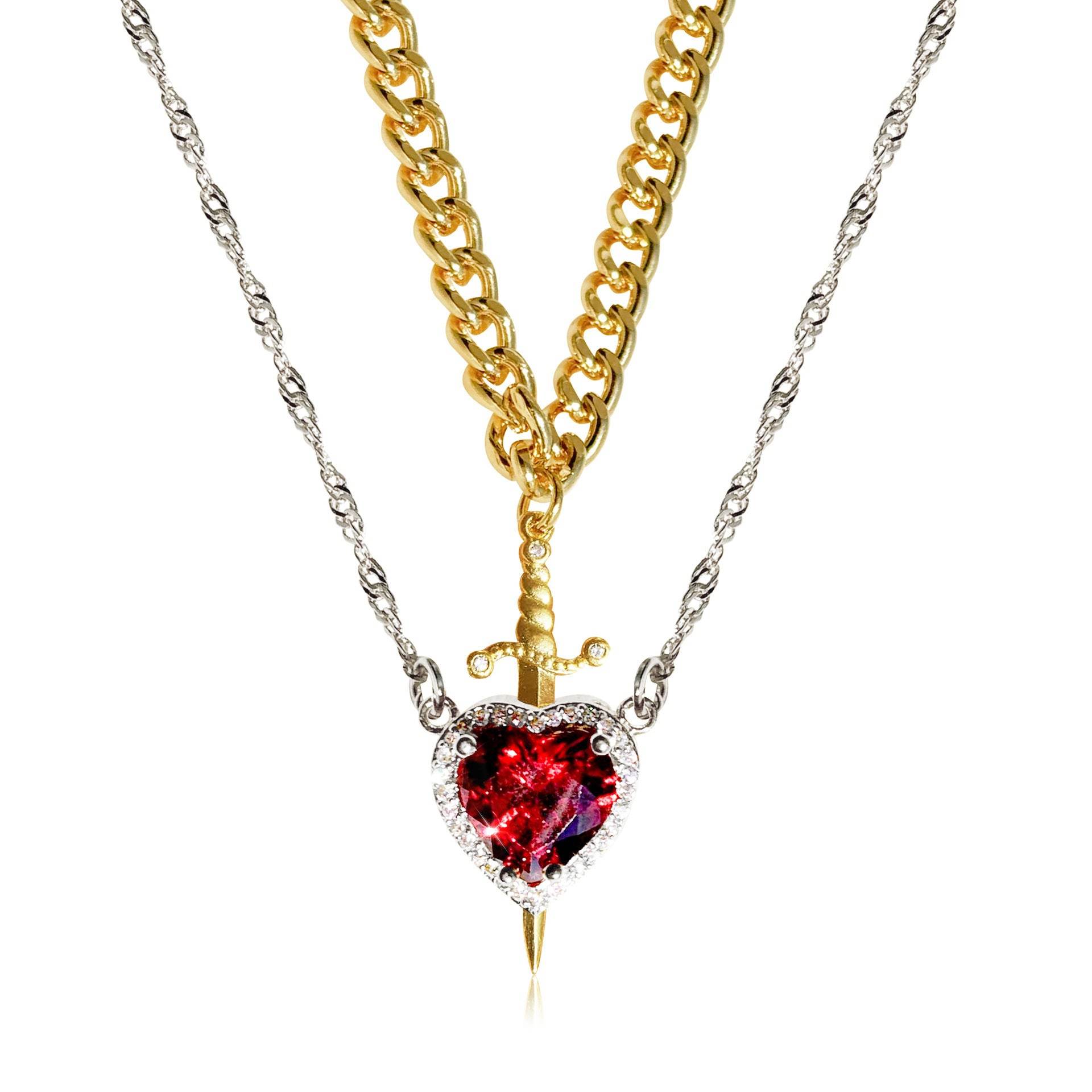 Gothic Punk One Arrow Through The Heart Creative Two Color Couple Necklace Red Rhinestone Heart Dagger Necklace Good Friend Gift Fashion Jewelry - Velora