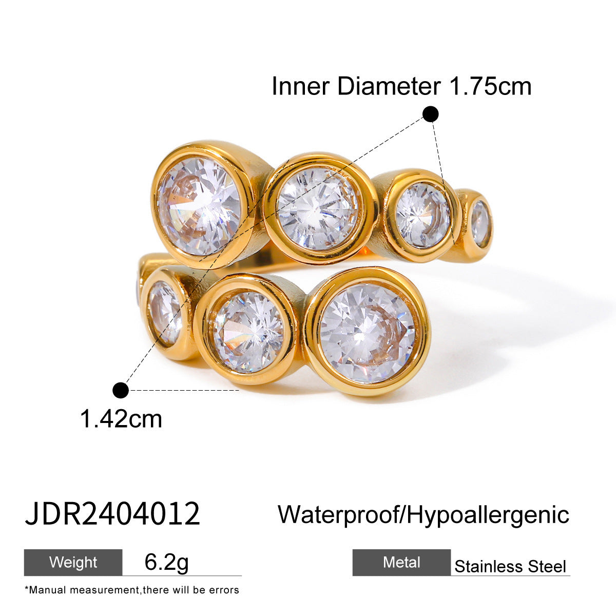 18K Gold Stainless Steel Open-end Zircon Ring High-grade Ins