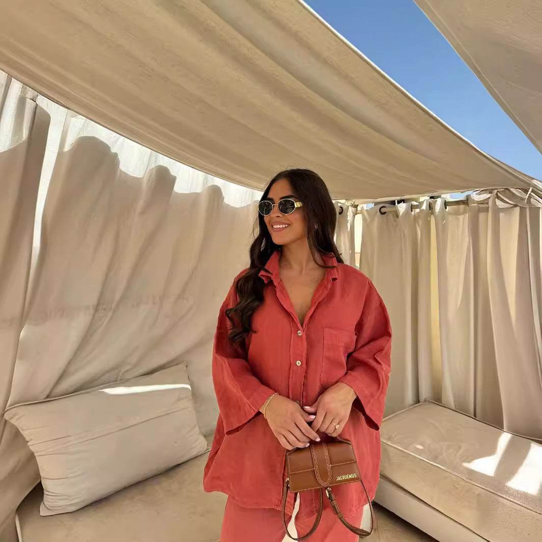 Casual Polyester Pocket Shirt Pants Suitable For Women's Wide Leg Pants, Long Sleeved Shirt Set, Women's Loose High Street Two-piece Set - Velora
