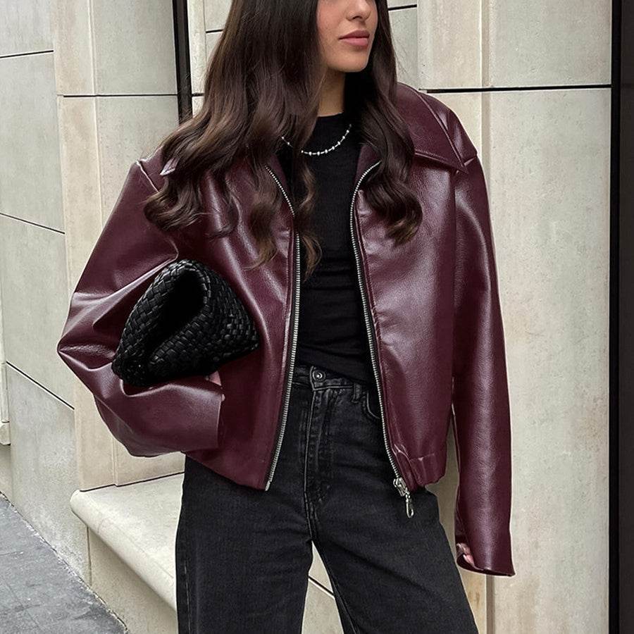 Solid Color Lapel Zipper Jacket Fashion Casual Long Sleeve Leather Coat Tops Women Clothing - Velora