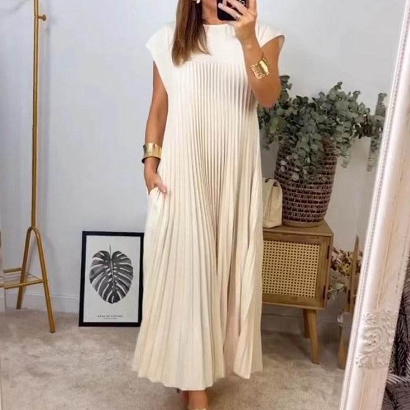 Short Sleeve Pleated Long Dress Summer Round Neck Dress Women's Clothing - Velora