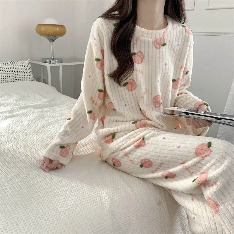 2pcs Women's Fall Winter Warm Pajamas Sets Coral Long Sleeve Cute Cartoon Bear Sleepwear Nightclothes - Velora