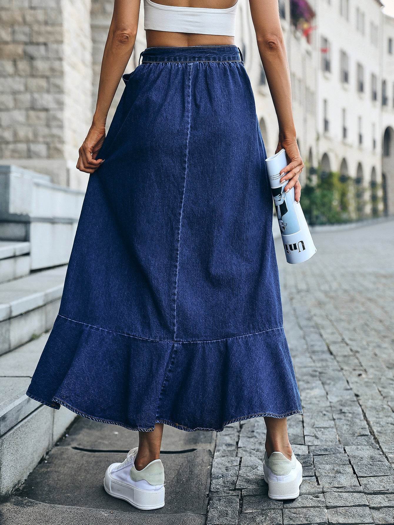Ladies Fashion Casual Ruffled Blue Denim Maxi Skirt Women - Velora