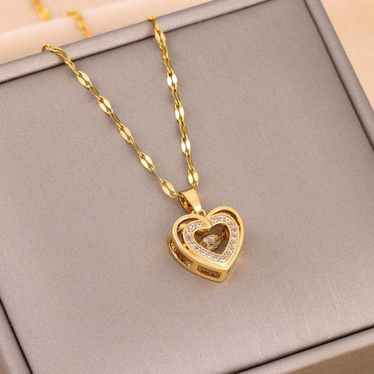 Double-layer Love Necklace With Rhinestones Titanium Steel Pendant Fashion Jewelry Woman Valentines Day Gift - Velora