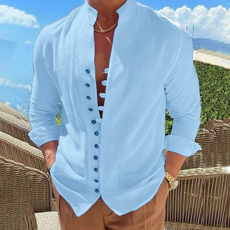 Retro Button Design Long-sleeved Shirt Men's Casual Loose Top Mens Clothing - Velora