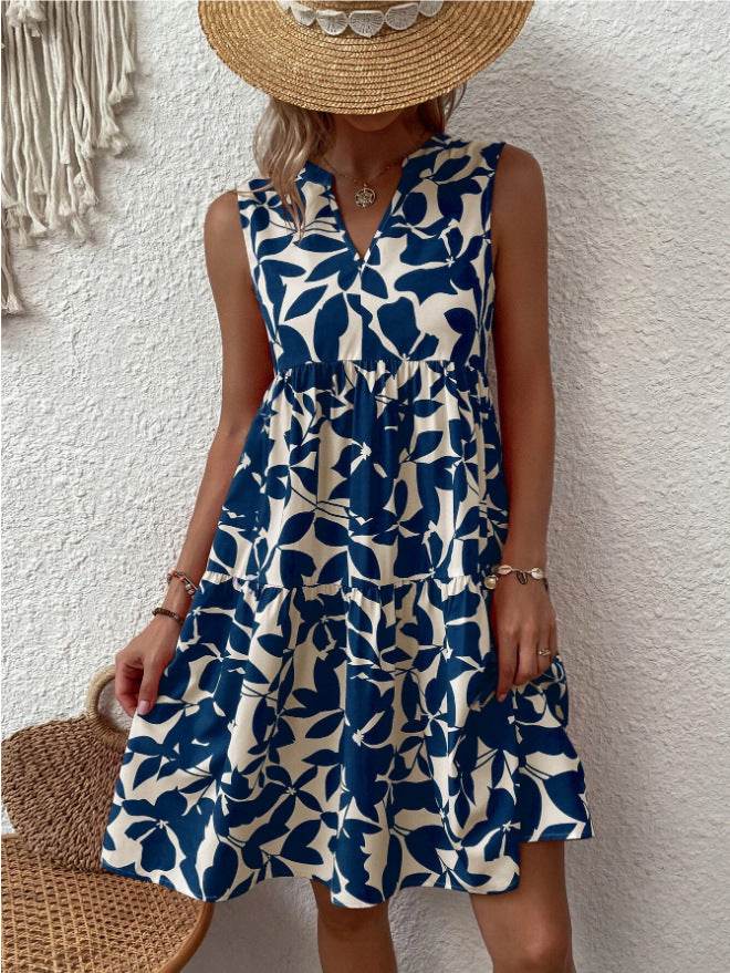 Bohemian Dresses Summer Beach Fashion Loose V-neck Pleated Print Sleeveless Dress For Women - Velora