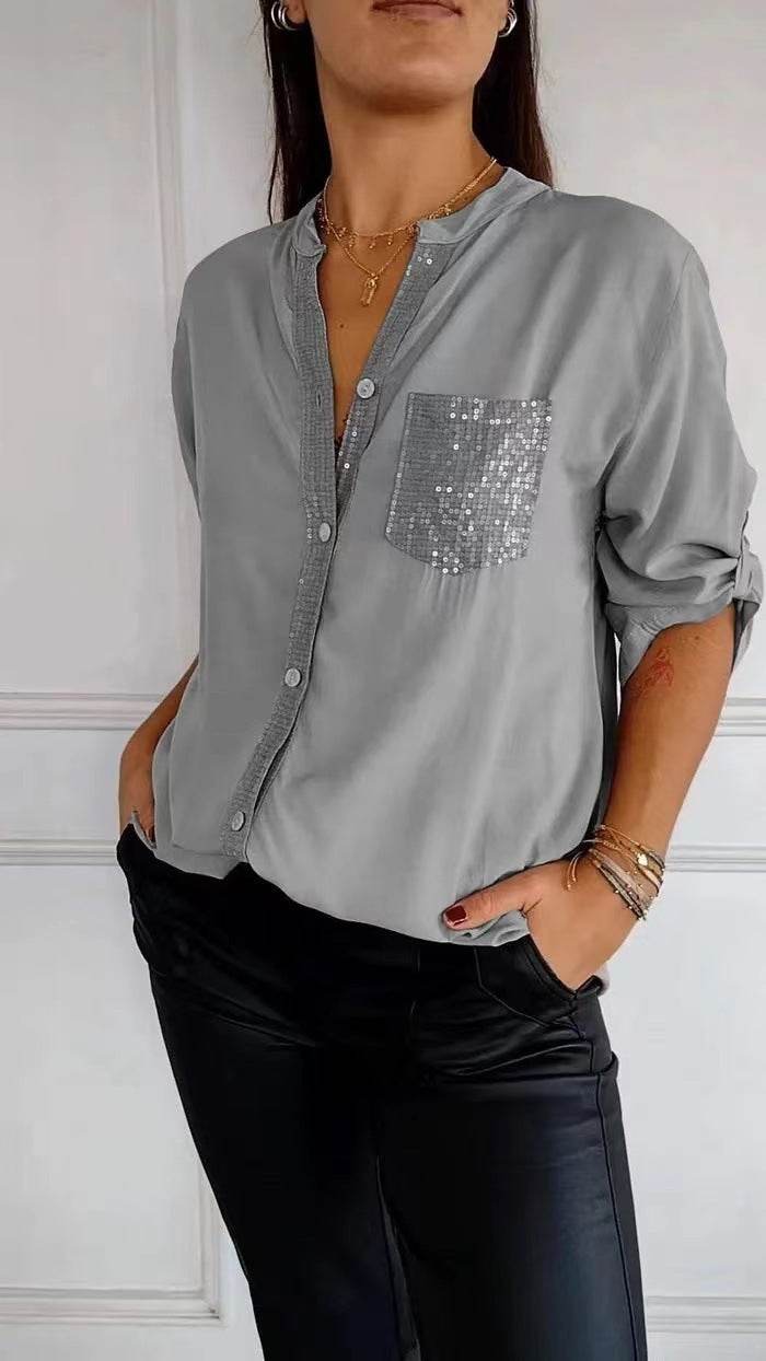 Casual Button-down Long Sleeve Shirt With Sequin Pocket Design Fashion Commuter Top Women Clothing - Velora