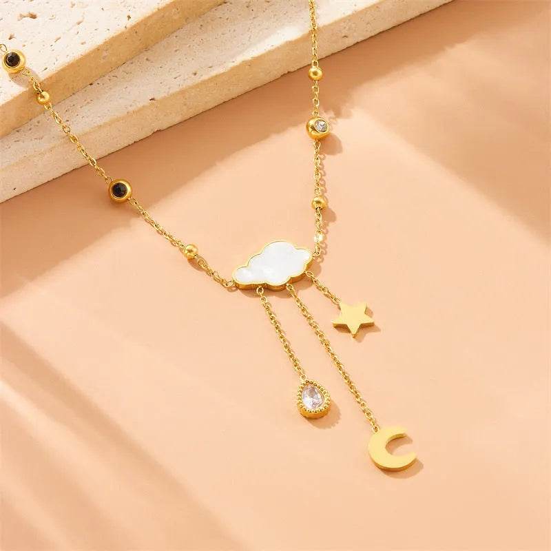 White Shell Cloud Star Moon Long Fringe Water Drop Fashion Necklace - Velora