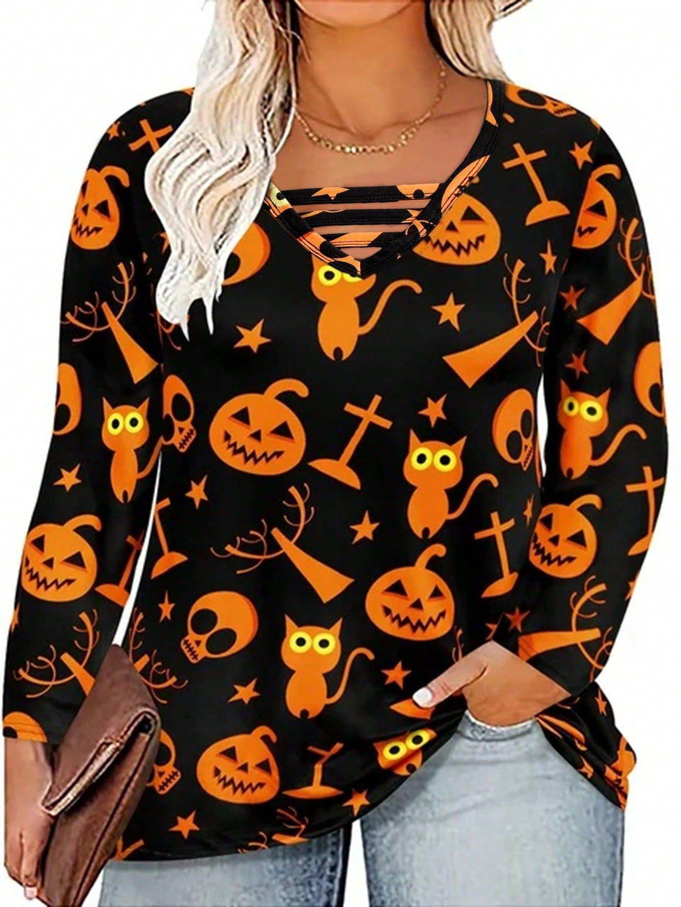 Digital Printing Halloween Round Neck Long Sleeve Plus Size T-shirt - Velora