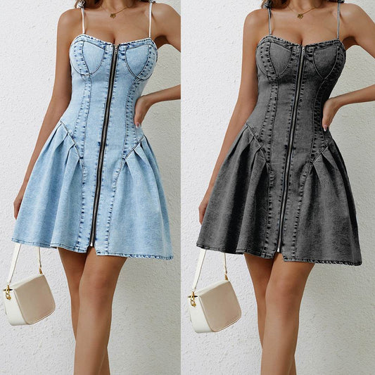 Chic Personality Street Splicing Sling Denim Mini Dress - Velora