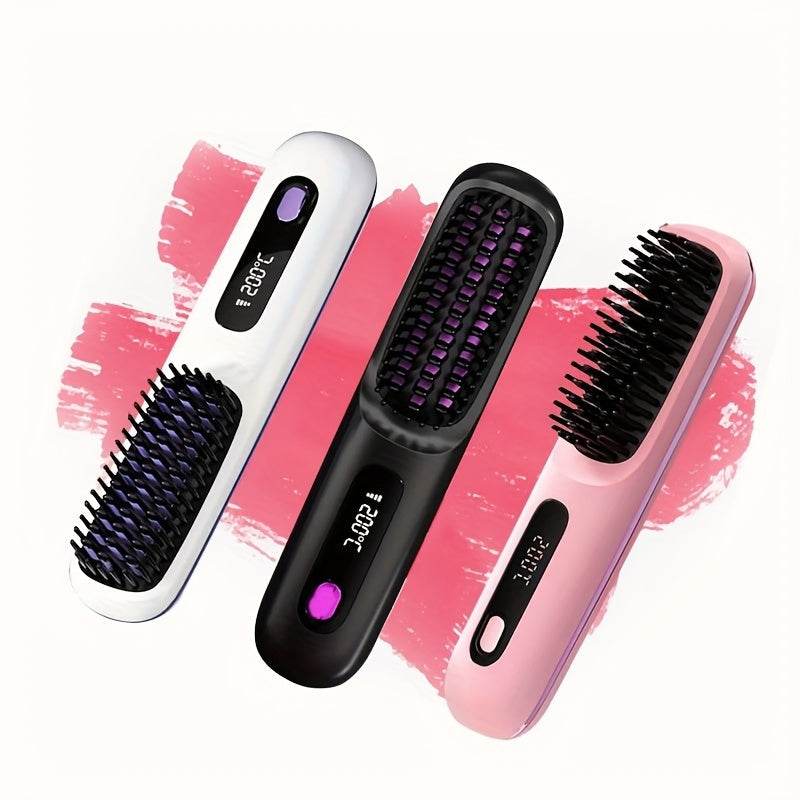 S7 Portable Cordless Hair Straightening Brush With LED Display - Lightweight Mini Negative Ion Hot Brush, USB Rechargeable Women's Travel Essentials Gift, Scald Protection - Velora