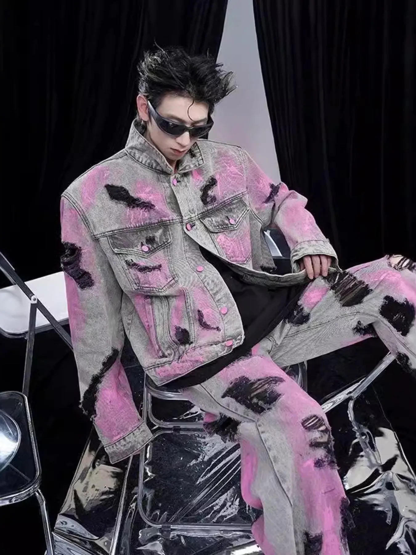 Men's Plus Size Graffiti Washed Button Up Denim Jacket - Velora