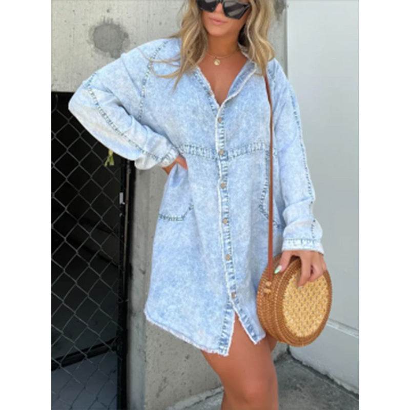 Women's Denim Washed Loose Shirt Dress - Velora