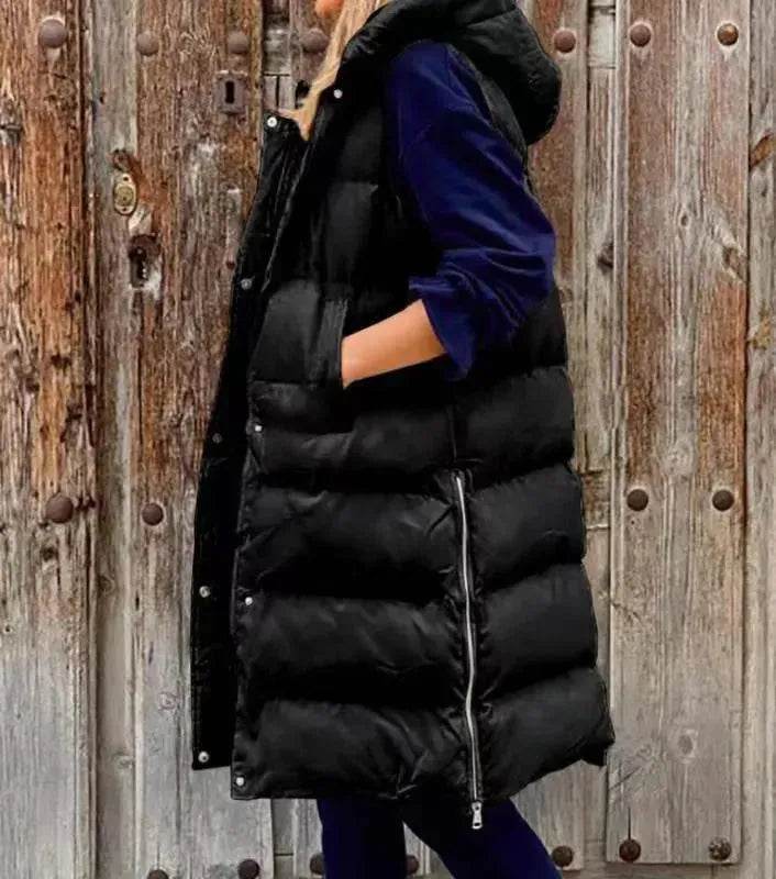 Pure Color Hooded Long Cotton Quilted Puffer Vest Casual - Velora