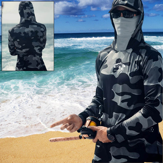 Fishing Hoodie Face Mask Neck Cover Sailing Shirt Summer Men Long Sleeve Sun Protection Hunting Jersey Camisa De Pesca Performance Fish Gear Beach Tops Wear Climbing Uniform - Velora