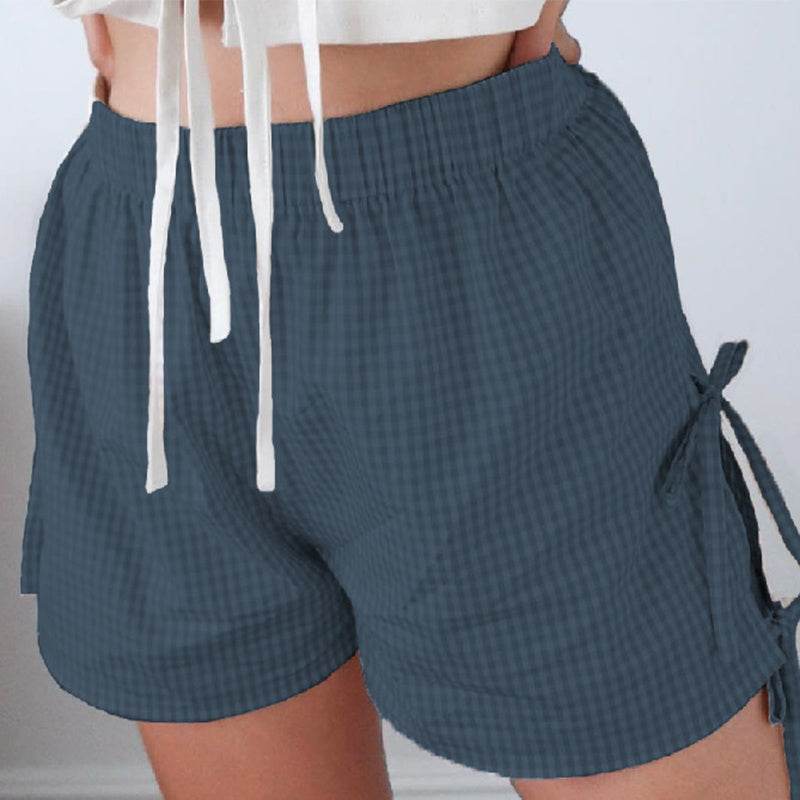 Loose Plaid Print Shorts With Lace-up Design Summer Fashion Y2K Elastic Band Pants For Women - Velora