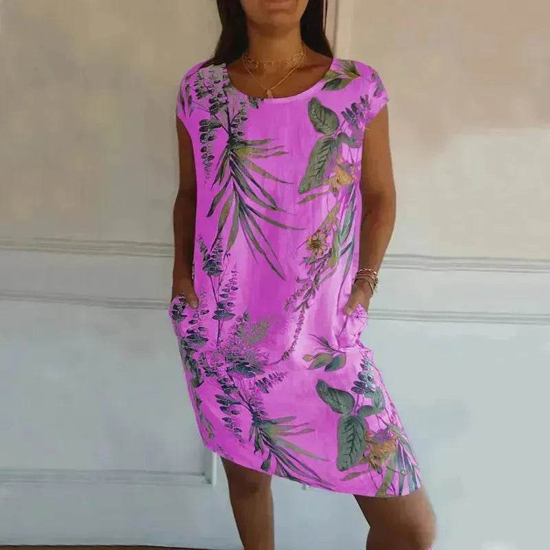 Casual Floral Printed Straight Dress Summer Loose Round Neck Short Sleeve Midi Dresses Womens Clothing - Velora