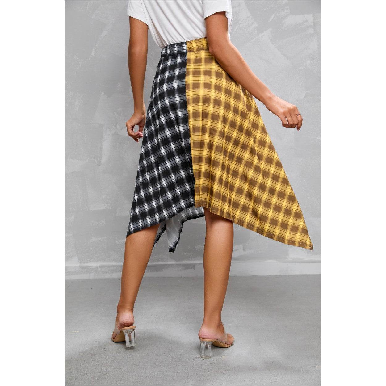 Elegant Irregular Lace-Up Check Midi Skirt street wear fashion Women's Plaid Skirts High Waisted Knot Front Asymmetrical Hem Mini Skater Skirt - Velora