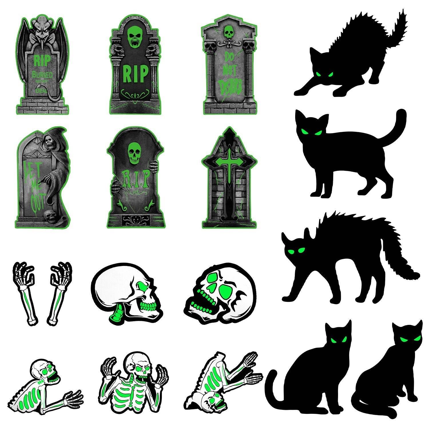 6Pcs Skull Or 6Pcs Tomb Or 5Pcs Black Cat Halloween Yard Sign Decorations Glow In The Dark For Haunted House Garden Yard And Scary Theme Party - Velora