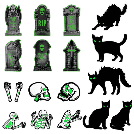 6Pcs Skull Or 6Pcs Tomb Or 5Pcs Black Cat Halloween Yard Sign Decorations Glow In The Dark For Haunted House Garden Yard And Scary Theme Party - Velora
