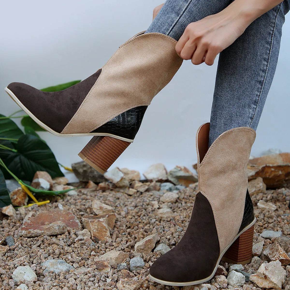 Fashion Splicing Suede Boots Retro Pointed-toe Square High Heel Mid-calf Boots For Women Fall And Winter Shoes - Velora