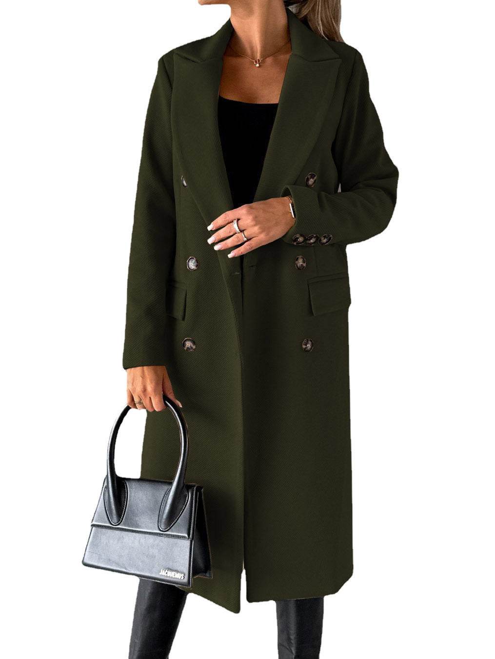 Long Sleeve Lapel Coat Winter Fashion Solid Double Breasted Slim Long Jacket Womens Clothing - Velora