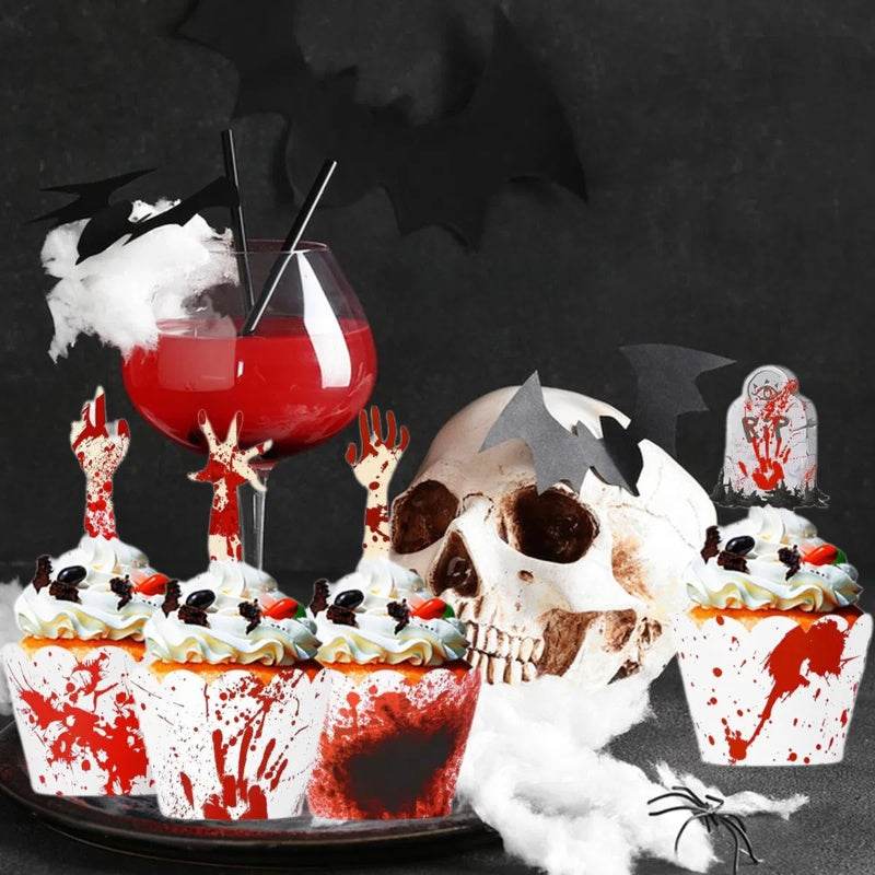 48Pcs Halloween Cupcake Toppers Wrappers Rip Kit Bloody Zombie Hand Cupcake Pick Decorations For Halloween Horror Movie Bloody Theme Birthday Party Cake Decorations Supplies - Velora