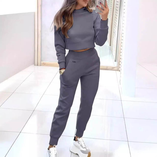 Stand Collar Sports Suit Fashion Pullover Long-sleeves Short Top And Slim Trousers With Pockets Solid Outfits Women's Clothing - Velora